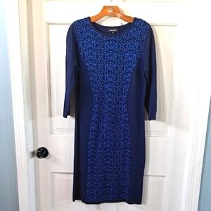 Nine West Knit Sweater Dress Navy Blue Pattern Front Slimming Bodycon Midi